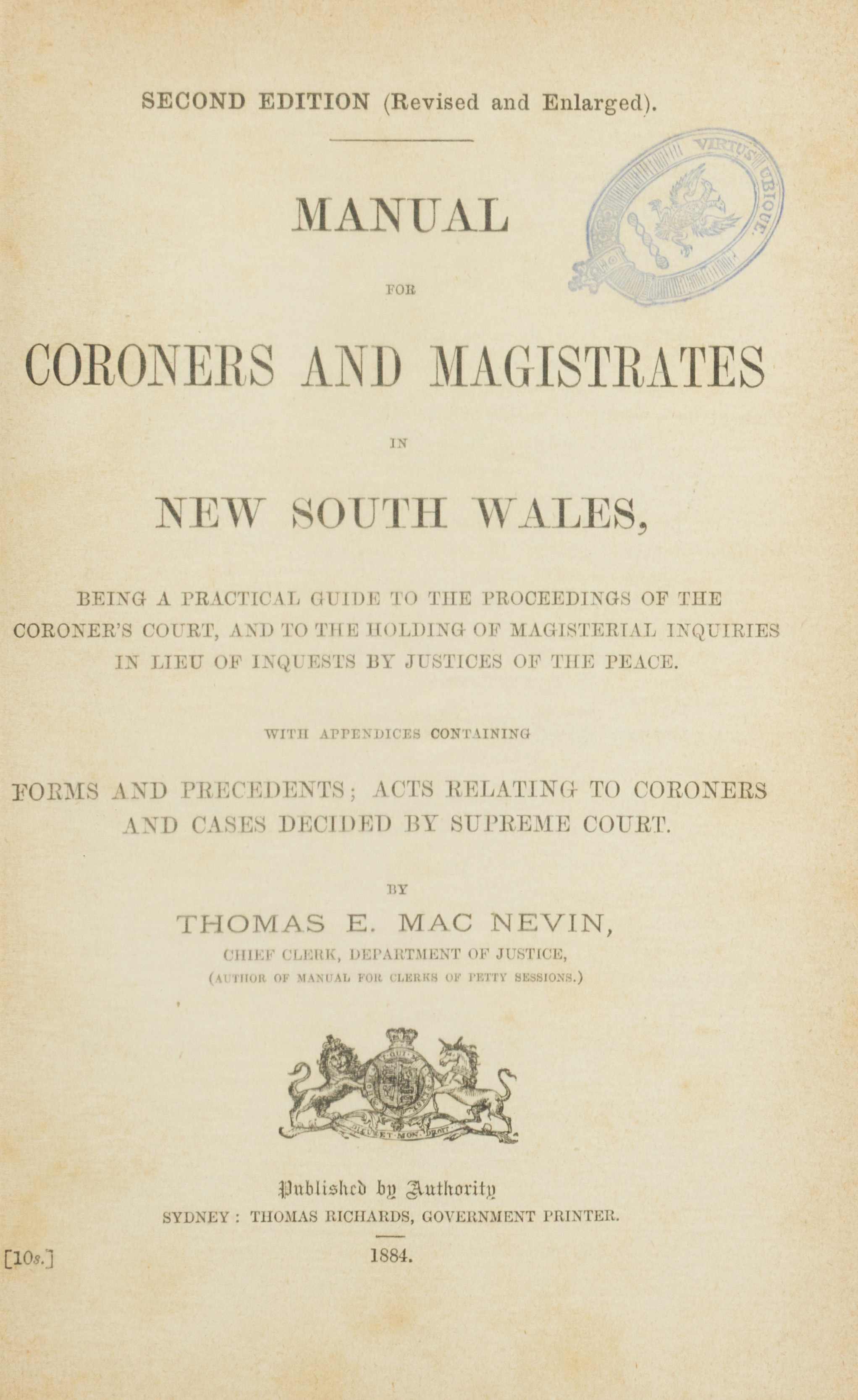 Title Page Of 'Manual For Coroners And Magistrates In New South Wales ...